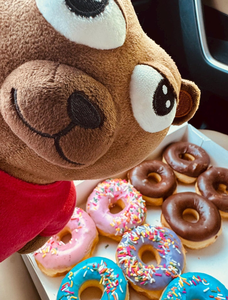 May include: A brown plush toy with large eyes and a red bow is positioned above a box of colorful donuts. The donuts have pink, blue, and purple frosting, and are decorated with sprinkles. Some donuts have chocolate frosting.