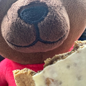 May include: A close-up of a brown teddy bear's face with a black stitched nose and mouth. The bear is wearing a red shirt. A partially eaten ice cream sandwich with a white filling is in the foreground.