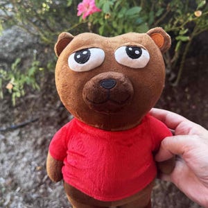 May include: A brown plush bear wearing a red shirt. The bear has large, expressive eyes and a dark brown nose and mouth. The bear is a stuffed animal toy.