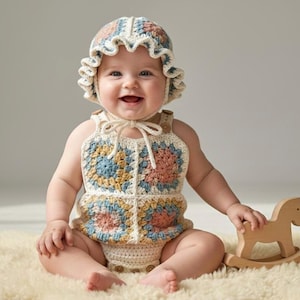 Grannys square Baby Romper + Cap Crochet Pattern | Vintage Sunsuit (6 to 12 Months) (PDF Pattern)