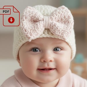 Peut inclure: Un bébé portant un bonnet crocheté crème avec un grand nœud rose. Le bébé porte également une chemise rose à col. Une icône PDF avec une flèche de téléchargement est dans le coin supérieur gauche.