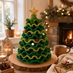 May include: A conical crochet Christmas tree featuring alternating layers of dark green and lime green ruffled yarn. The tree is topped with a gold crocheted star and decorated with small red and white pom-poms and tiny gold star-shaped accents.