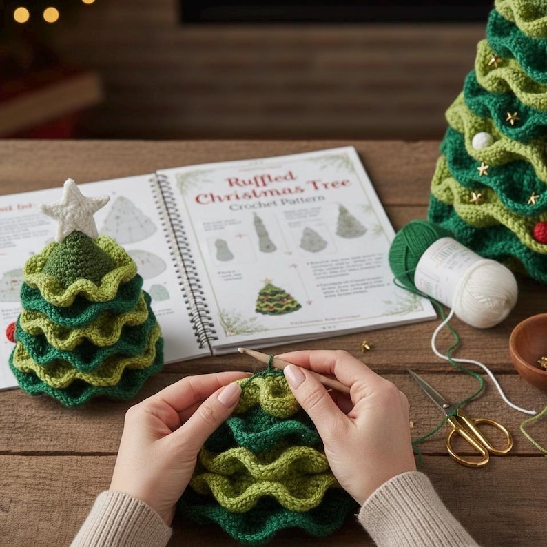 May include: A crochet project featuring a ruffled Christmas tree pattern in a spiral-bound book. A finished green and lime crochet tree with a white star sits nearby. A ball of green yarn, scissors, and a wooden crochet hook are present.
