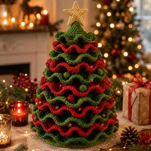 May include: A conical crochet Christmas tree featuring alternating ruffled layers of dark green and deep red yarn. The tree is topped with a textured gold star and decorated with small, scattered gold star accents and red yarn spheres.
