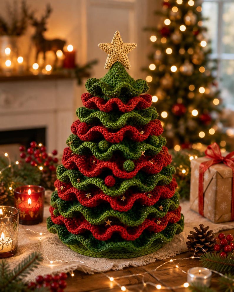 May include: A conical crochet Christmas tree featuring alternating ruffled layers of dark green and deep red yarn. The tree is topped with a textured gold star and decorated with small, scattered gold star accents and red yarn spheres.
