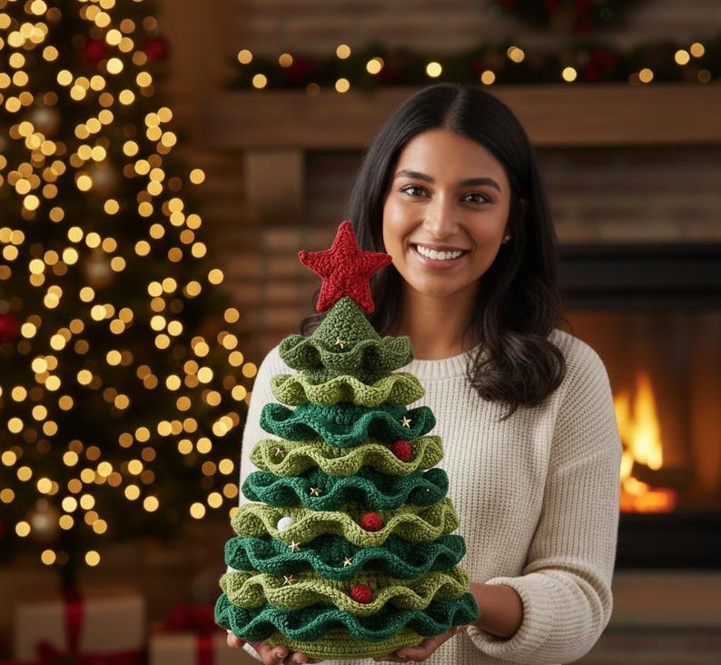 May include: A crocheted Christmas tree decoration featuring tiered, ruffled layers in alternating shades of dark green and light green. The tree is topped with a solid red crocheted star and is embellished with small red pom-poms and tiny gold stars.