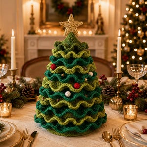 May include: A crocheted Christmas tree decoration featuring layered, ruffled green yarn branches in alternating light and dark shades. The tree is topped with a gold crocheted star and adorned with small red and white pom-poms and gold star accents.