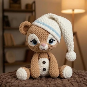 May include: A handmade crochet bear doll in shades of brown and white, wearing a white nightcap with a blue stripe. The bear has large blue eyes, a pink nose, and is sitting on a brown surface. The doll has a button closure on its chest.