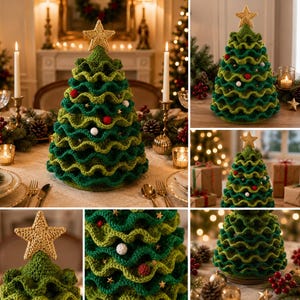 May include: A cone-shaped Christmas tree decoration made of crocheted yarn in shades of green, featuring ruffled layers, small red and white pom-poms, tiny gold star accents, and a larger gold crocheted star topper.