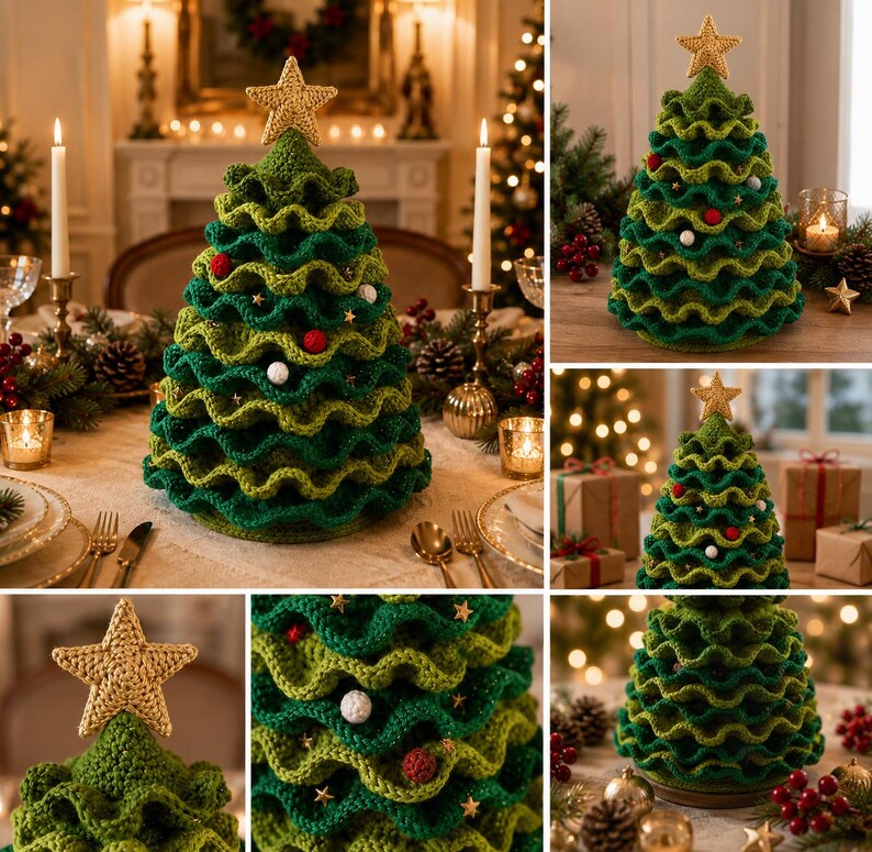 May include: A cone-shaped Christmas tree decoration made of crocheted yarn in shades of green, featuring ruffled layers, small red and white pom-poms, tiny gold star accents, and a larger gold crocheted star topper.