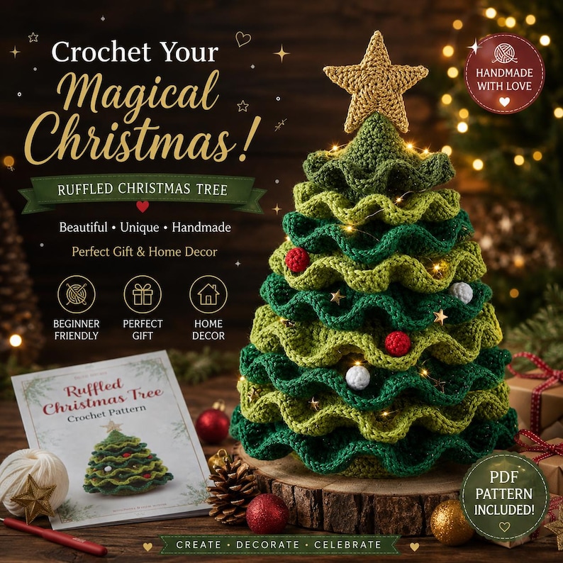 May include: A crocheted ruffled Christmas tree with alternating dark and light green layers, topped with a gold star. The tree is decorated with small red and white spheres and string lights. A pattern booklet is visible next to the tree.