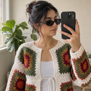 Granny Square Crochet Pattern, Fall cardigan, funky Sweater, Boho Women cardigan Beginner friendly Step-by-step made to measure instructions