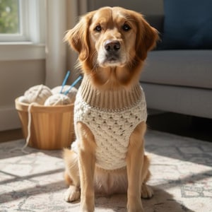 May include: A golden retriever dog wearing a cream-colored, hand-knitted dog sweater. The dog is sitting on a patterned rug, with a wooden basket of yarn and knitting needles in the background. The sweater has a ribbed collar and a textured body.