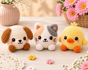 4 Mini crochet Amigurumi Dog Cat Duckling pattern, Animals Dumplings steamer, Plush toy, Kawaii Crochet Pattern, Instant Download