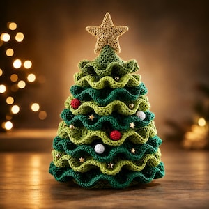 May include: A crocheted Christmas tree decoration featuring alternating layers of dark green and light green ruffled yarn. The tree is topped with a gold crocheted star and decorated with small red spheres, white spheres, and tiny gold star accents.