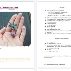 May include: A crochet pattern titled "BEETLES CROCHET PATTERN" showing two small crochet beetles in blue and purple. The pattern includes a list of supplies and abbreviations. The text "Hi there! Let's create such cool beetles! They look so realistic, insect lovers will love to-eat them." is also visible.