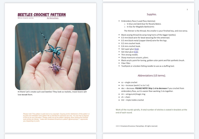 May include: A crochet pattern titled "BEETLES CROCHET PATTERN" showing two small crochet beetles in blue and purple. The pattern includes a list of supplies and abbreviations. The text "Hi there! Let's create such cool beetles! They look so realistic, insect lovers will love to-eat them." is also visible.