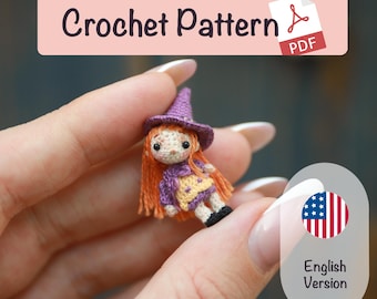 May include: A miniature crochet witch doll with orange hair, a purple hat, and a yellow and purple dress. The image includes text that reads "Crochet Pattern PDF" and an "English Version" graphic.