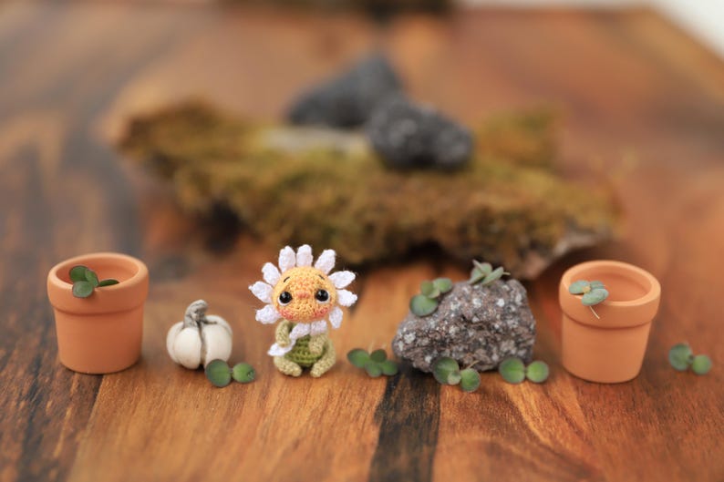 Puede incluir: Una escena de jard&iacute;n en miniatura caprichosa con un personaje de margarita de ganchillo, peque&ntilde;as macetas de terracota con plantas, una calabaza blanca y una roca con vegetaci&oacute;n. La escena est&aacute; sobre una superficie de madera.