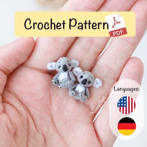May include: Two tiny crochet koala bears in grey and white, with black eyes and noses. A yellow banner displays "Crochet Pattern" and a PDF icon. The image also includes the text "NansyOops."