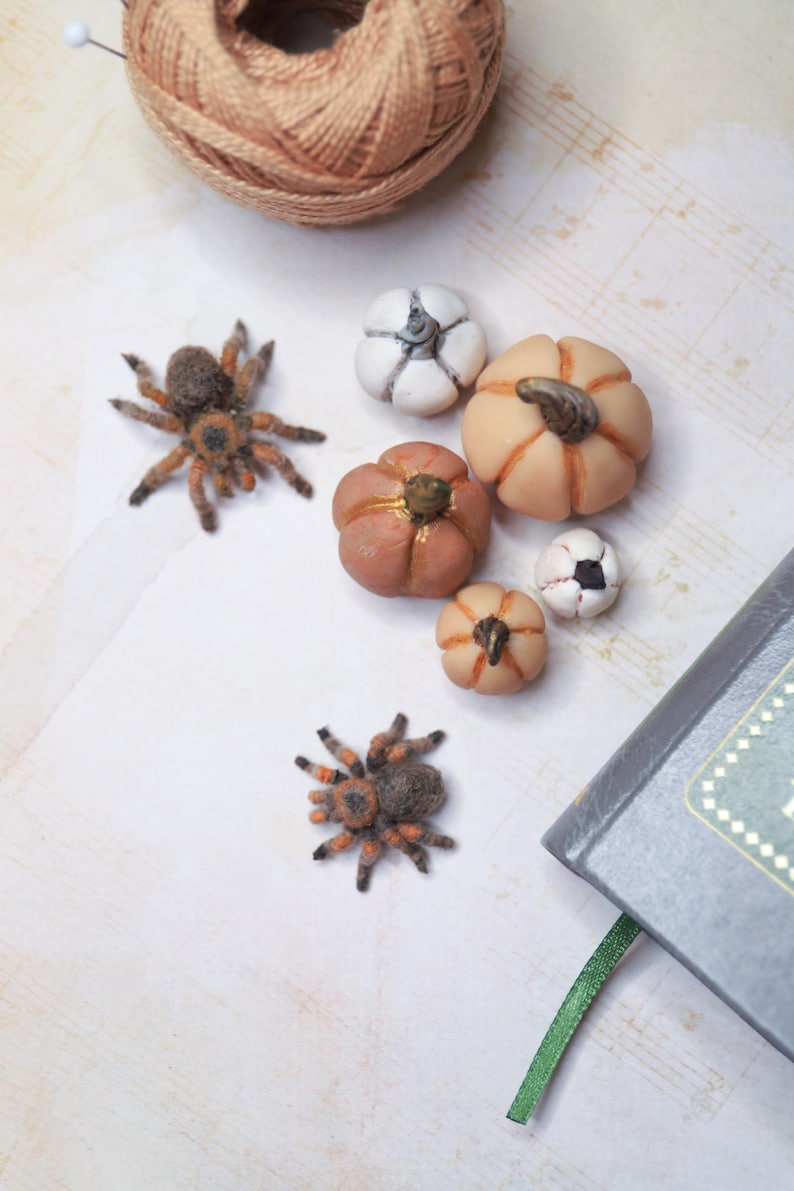 May include: A collection of miniature Halloween decorations, including small pumpkins in shades of orange, white, and brown, and two fuzzy spiders. A spool of tan thread and a book with a green ribbon are also present.