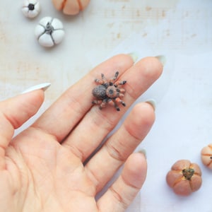 May include: A miniature, detailed tarantula figurine with a brown and orange body, held on a person's finger. Small, decorative pumpkins and white pumpkins with black accents are scattered around. The scene evokes a Halloween or autumn theme.