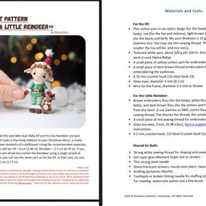 May include: Crochet pattern for an Elf and Reindeer miniature series. The image shows a finished Elf doll in green and red, and a Reindeer doll. The Elf is 6 cm (2.36 in) tall, and the Reindeer is 2.5 cm (0.79 in) tall. The pattern includes materials and tools.