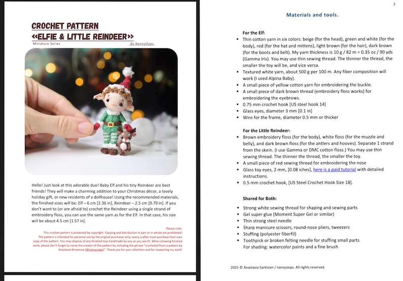 May include: Crochet pattern for an Elf and Reindeer miniature series. The image shows a finished Elf doll in green and red, and a Reindeer doll. The Elf is 6 cm (2.36 in) tall, and the Reindeer is 2.5 cm (0.79 in) tall. The pattern includes materials and tools.