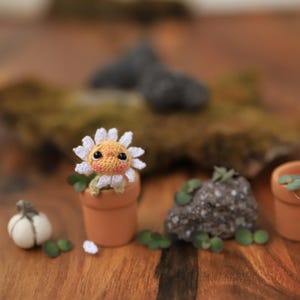 Puede incluir: Una criatura de ganchillo con forma de margarita se encuentra en una peque&ntilde;a maceta de terracota, rodeada de elementos de jard&iacute;n en miniatura. Tambi&eacute;n hay una peque&ntilde;a calabaza blanca y una roca con vegetaci&oacute;n. La escena est&aacute; ambientada sobre una superficie de madera.
