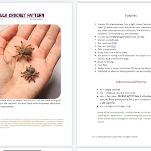 May include: A crochet pattern for a tarantula, with two small, fluffy, brown spiders resting on a hand. The pattern includes supplies and abbreviations. The text reads: "TARANTULA CROCHET PATTERN".