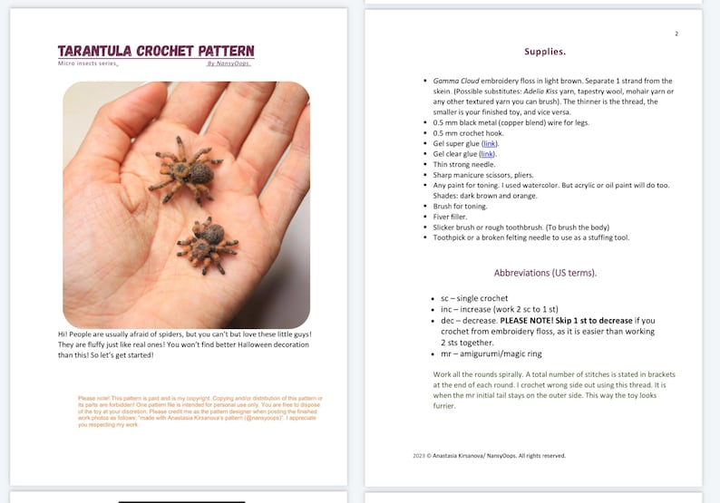 May include: A crochet pattern for a tarantula, with two small, fluffy, brown spiders resting on a hand. The pattern includes supplies and abbreviations. The text reads: "TARANTULA CROCHET PATTERN".