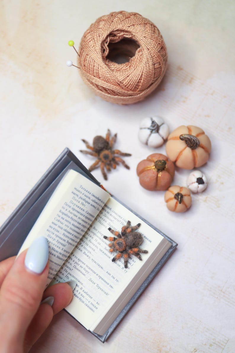 May include: A miniature scene featuring a small open book with text, a brown and orange spider, a ball of tan yarn with pins, and several miniature pumpkins. The pumpkins are various shades of orange, white, and tan.