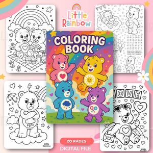 May include: A digital coloring book with a rainbow theme, featuring cartoon bears. The cover says "COLORING BOOK" and "20 PAGES DIGITAL FILE". The bears are in various colours, with hearts and other designs. The coloring pages are black and white.