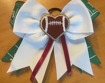 Football Hair Bow-Green Ribbon