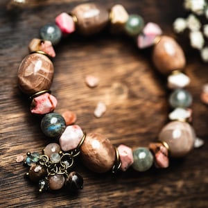 以下が含まれることがあります： 茶色、ピンク、緑、グレーの色合いの天然石を使用したビーズブレスレット。 ブレスレットには、大きな楕円形のビーズと小さな丸いビーズが含まれており、金色の金属リングとチャームで接続されています。
