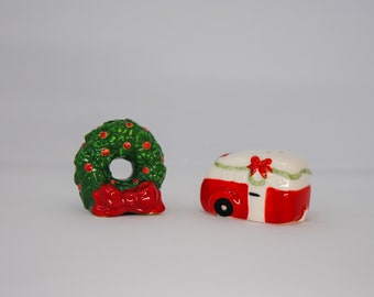 Travel Trailer and Wreath Salt and Pepper Shakers