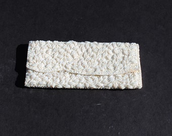 Vintage White Pearl and Sequin Silk Clutch