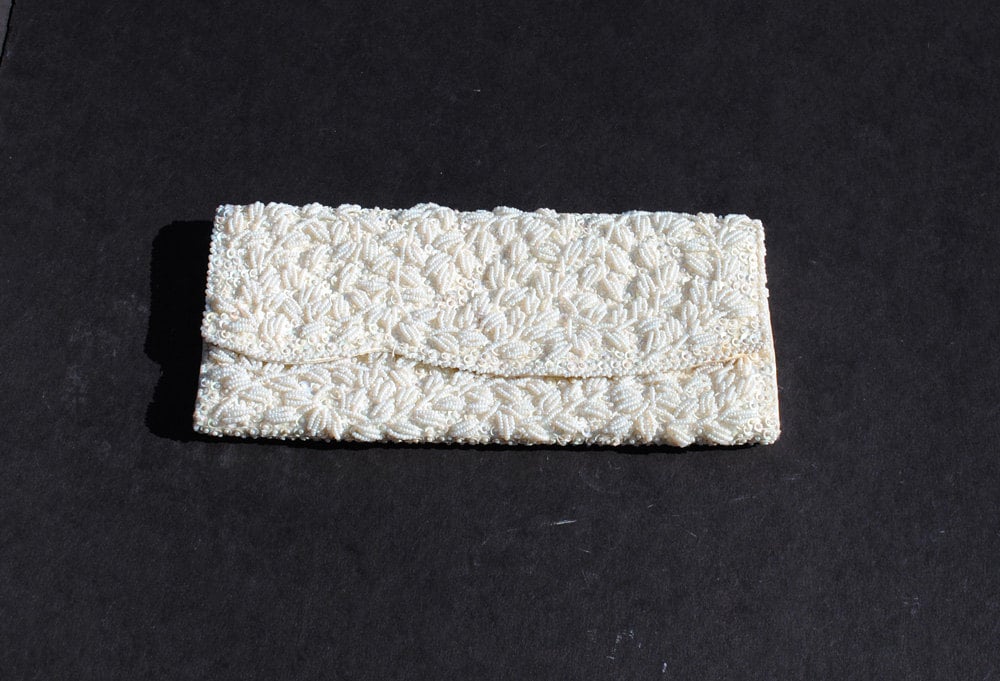 Vintage White Pearl and Sequin Silk Clutch