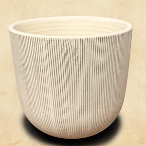 Puede incluir: Una maceta de cerámica blanca con un diseño texturizado de rayas verticales. La forma redondeada, similar a un cuenco, tiene un interior liso y una sombra ligeramente más oscura en la base. Adecuada para uso en interiores o exteriores.