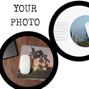 May include: A computer mouse and a mousepad with a sunset palm tree design. The image also shows a keyboard and a mousepad with a city skyline. The words "YOUR PHOTO" are at the top of the image.