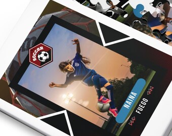 May include: A soccer-themed jigsaw puzzle featuring a young girl in a blue uniform kicking a soccer ball. The puzzle image includes the word "soccer" and the name "NAINA" on a blue banner. The puzzle is partially assembled.