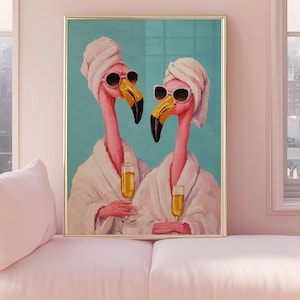 Flamingo Bathroom Print, Quirky Betsie Print, Spa Girlies Wall Art