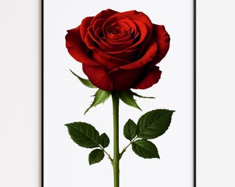Red Rose Wall Art Print, Modern Single Stem Minimal Flower Poster