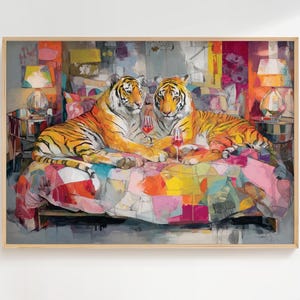 Tigers Wine Night Poster, Bold Colourful Bedroom Wall Art, Abstract Maximalist Print, Couples Decor, Large Statement Art