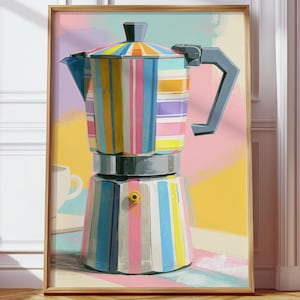 Rainbow Moka Pot Print, Colourful Kitchen Wall Art Poster, Abstract Coffee Pot Artwork