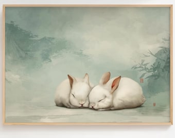 Lámina de conejitos durmiendo, arte de pared de estilo japonés, póster de conejos en un paisaje brumoso, decoración tranquila para el dormitorio en verde salvia