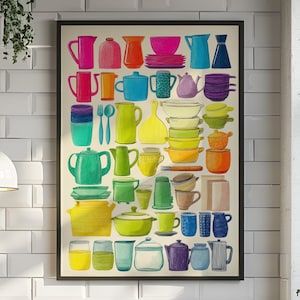 Kleurrijke keukenprint, aardewerkposter uit het midden van de eeuw, retro keramiek muurkunst