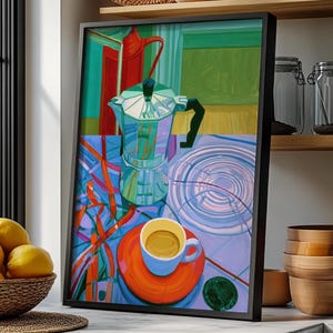 May include: A framed art print featuring a vibrant, stylised painting of a metallic moka pot and a light blue coffee cup on a saucer. The composition uses bold colours including red, green, blue, and orange, with visible brushstrokes and abstract patterns.