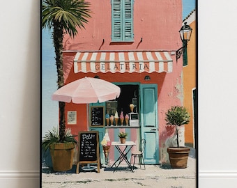 Italian Gelato Shop Print, Colourful Pink and Pale Teal Gelateria Poster, Coastal Street Scene Wall Art