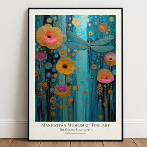 May include: A framed art print featuring a teal background with gold circular flowers and a central dragonfly. The text at the bottom reads MANHATTAN MUSEUM OF FINE ART, THE GILDED FLIGHT, 1953, MIXED MEDIA ON CANVAS. The artwork uses blue and gold tones.
